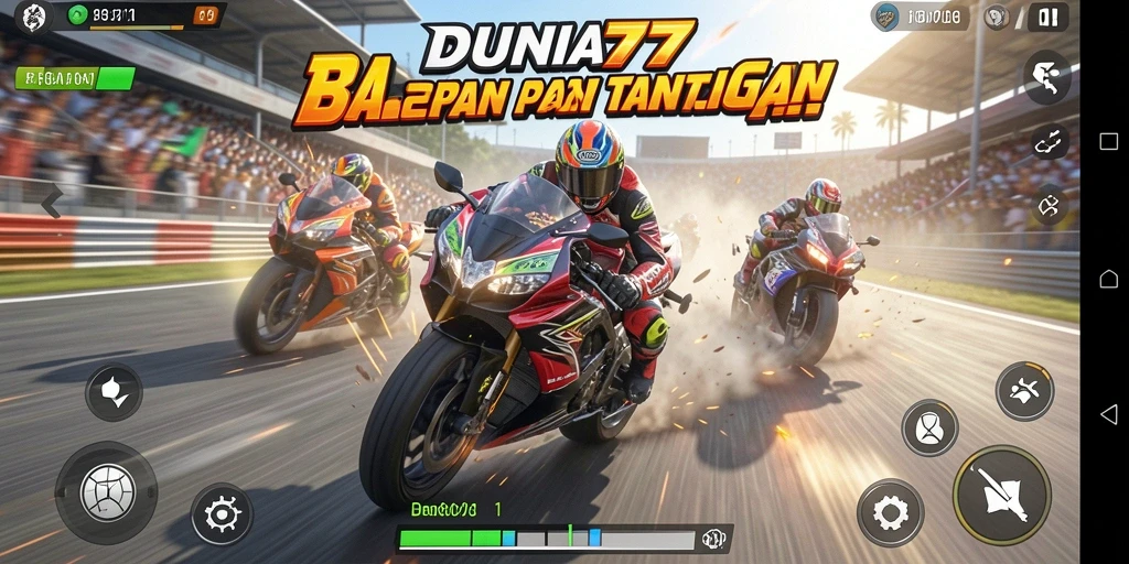 Tampilan gameplay DUNIA77 dengan balapan motor yang cepat dan mendebarkan.