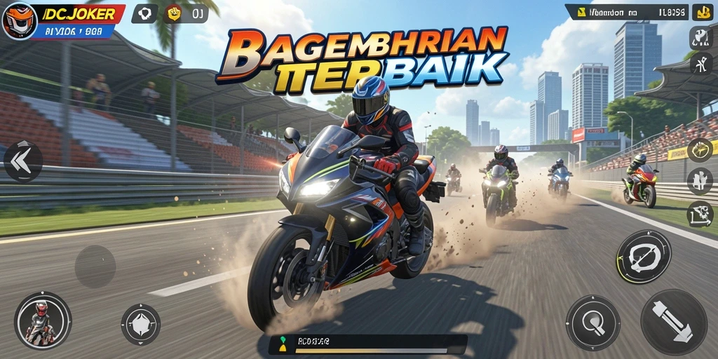 Tangkapan layar yang menunjukkan aksi balapan motor yang mendebarkan.